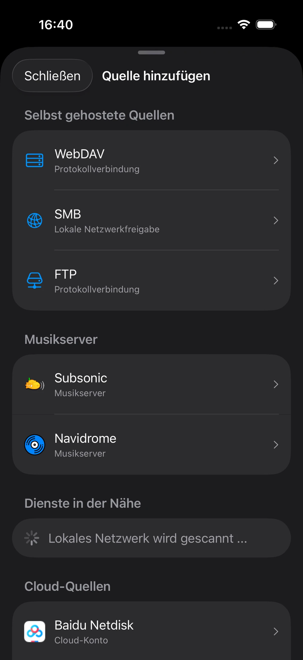 Auswahl der Audioquellen in NetMusic auf dem iPhone