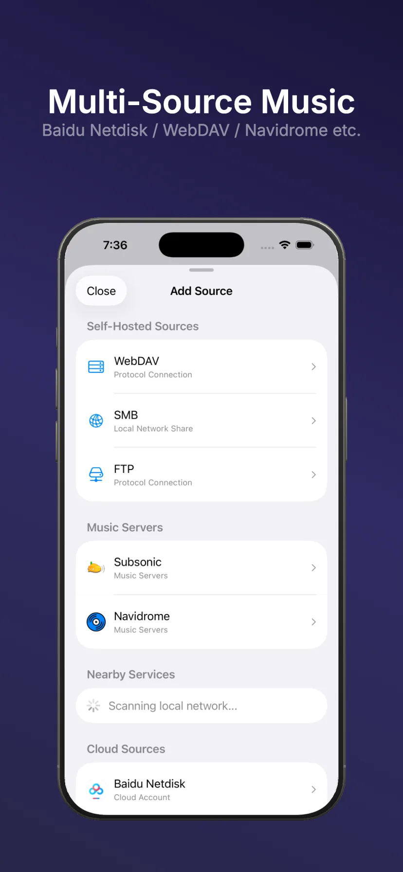 NetMusic Add Source screen on iPhone showing WebDAV, SMB, Navidrome and cloud sources